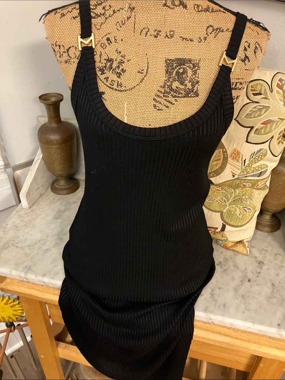 Michael Kors Black Ribbed Midi Dress with Gold Strap Hardware